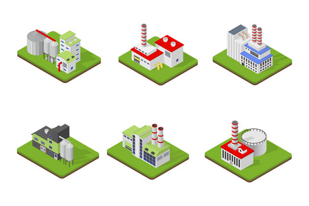 图标和成分的工业建筑 孤立的结构 主题等轴视图，3d