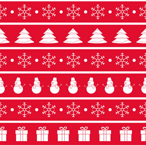 矢量红色和白色圣诞无缝图案。带圣诞树, 雪人, 礼品盒和雪花的水平无缝图案
