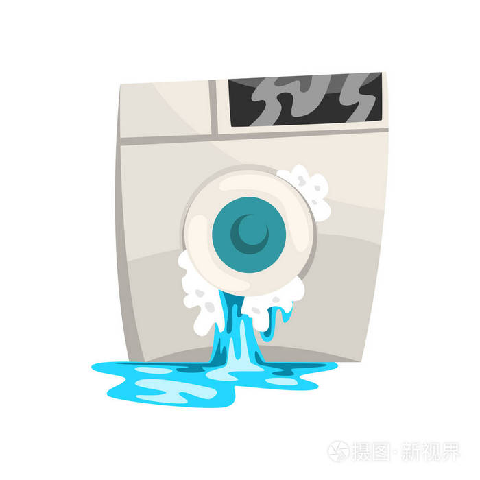 破损的洗衣机与漏水, 损坏家电卡通矢量插图白色背景