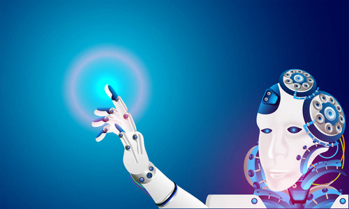 未来的人工智能概念, 机器人触摸虚拟空间显示。可用作 web 模板设计
