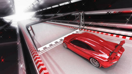 红色运通过终点线, 赛车跑车渲染3d 插图