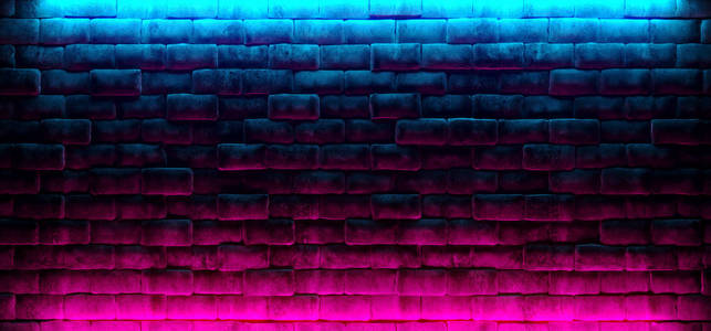 现代未来的霓虹灯俱乐部紫色和蓝色点燃空的空间老垃圾石砖详细的墙壁在房间壁纸背景3d 渲染插图