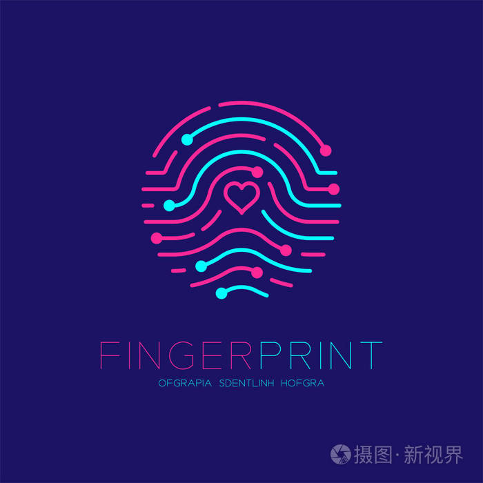 指纹扫描徽标图标与爱的心符号破折号线设计插图蓝色和粉红色隔离在深