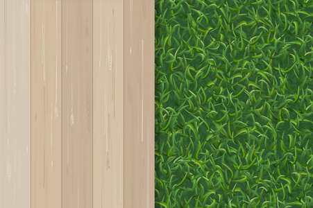 绿草质地和木纹图案为背景。矢量插图