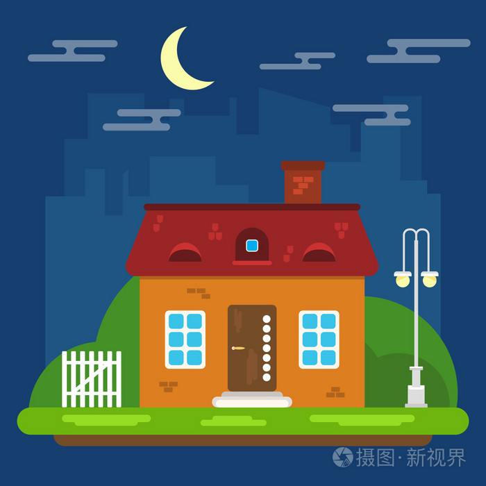 矢量夏天的夜晚景观与房子在平面设计