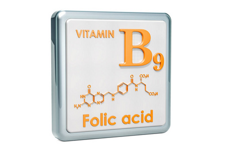 维生素 B9, 叶酸。图标, 化学公式, 分子结构白色背景。3d 渲染