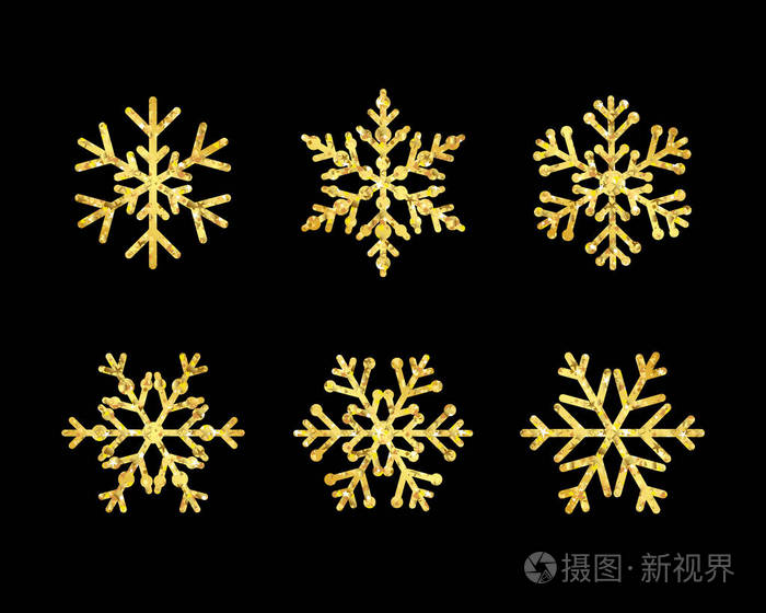 冬季黄金圣诞霜矢量图标雪花孤立剪影符号.圣诞雪花线