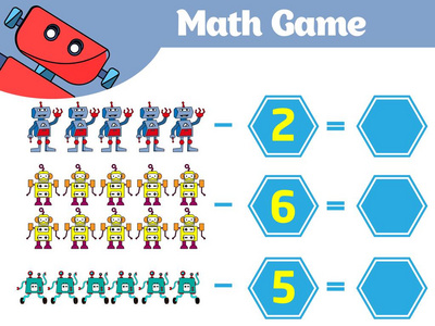 儿童数学教育游戏。学习减法工作表为孩子, 计数活动。矢量插画机器人
