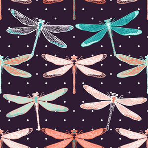 手绘风格的蜻蜓无缝模式的女孩, 男孩, 衣服。创造性的背景与昆虫。有趣的墙纸为纺织品和织品。时尚风格。七彩明亮
