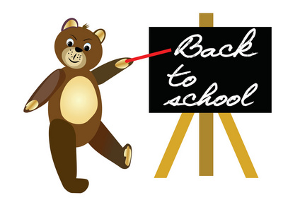 回到学校。用红色指针由黑板棕色的玩具熊。欢迎横幅为学年开始的