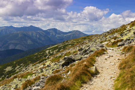 高山山坡上的高山远足小径。从山 Krivan, 高 Tatras国家标志斯洛伐克的看法。旅游概念, 徒步旅行, 积极的生活方式