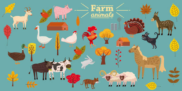 大型农场动物, 猪, 兔, 牛, 公牛, 猫, 狗, 鹅, 鸭, 火鸡, 驴, 山羊, 绵羊, 公羊, 现代程式化的树木和树叶