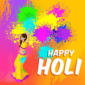 等距春节, 色彩节, 美丽的印度女人铸一个彩色的 prosy, 明亮美丽的背景与文字快乐的节日