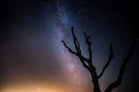 在漆黑的夜晚, 天空中有一颗流星流星雨流星沐浴的机会, 晴朗的星空。美丽的图片与银河的核心