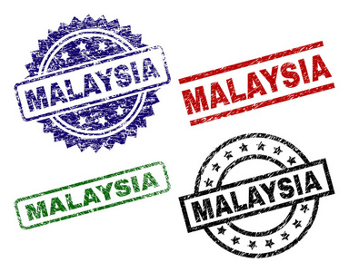 马来西亚印有腐蚀的纹理。黑色, 绿色, 红色, 蓝色矢量橡胶打印马来西亚标题与复古纹理。橡胶密封圈, 长方形, 徽章形状