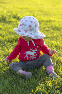 快乐的婴孩坐在草在一个晴朗的天