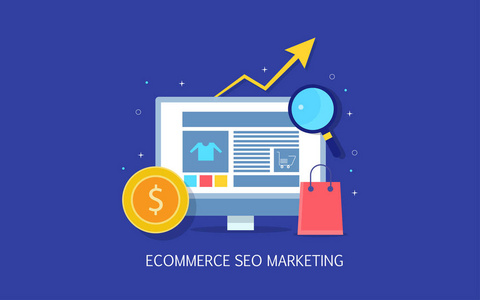 电子商务 Seo, 电子商务营销, 网上购物网站平面设计矢量隔离在蓝色背景上照片