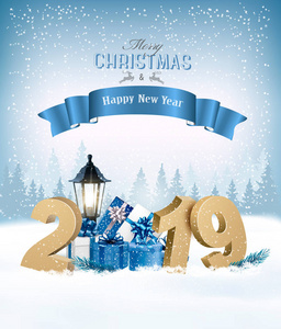 圣诞快乐背景与2019和礼品盒和蓝丝带。向量