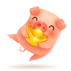 带中国金锭的小猪。农历新年。猪的年。中国生肖 猪中国历法上的2019年象征