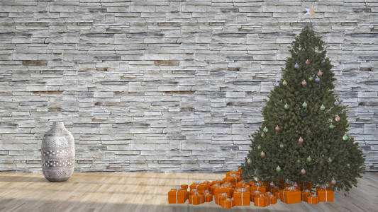 现代明亮内饰公寓客厅与圣诞树3d 渲染插图