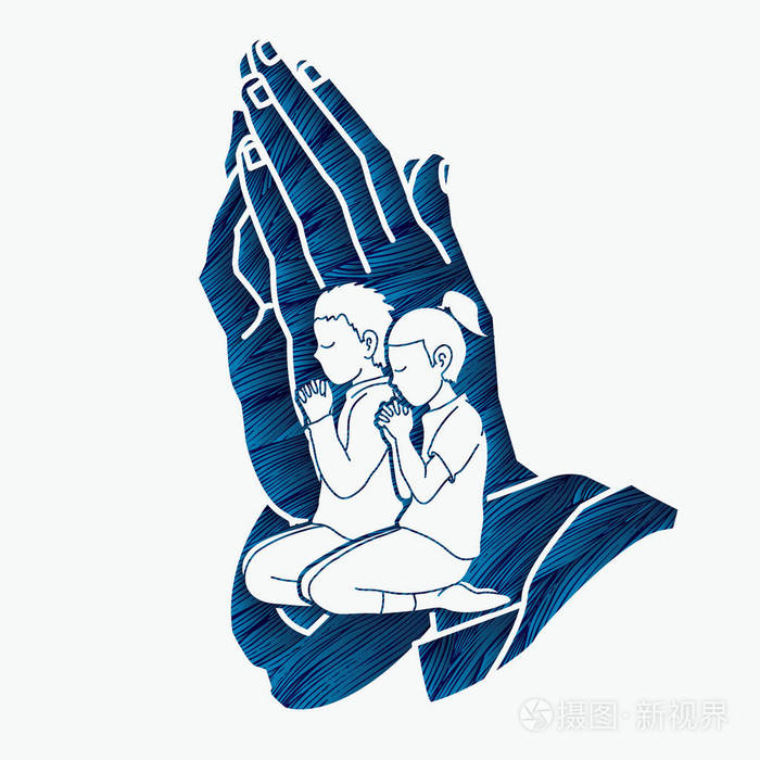 男孩和女孩祈祷, 基督徒祈祷, 赞美上帝, 崇拜卡通图形矢量