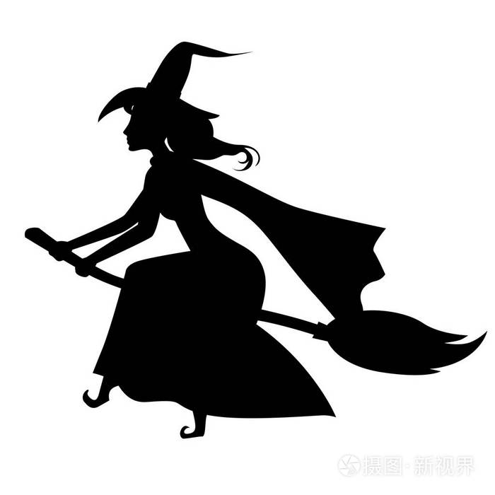 扫帚上的万圣节女巫剪影