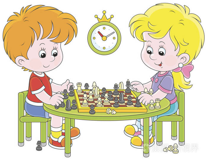 小孩子下棋, 矢量插画卡通风格