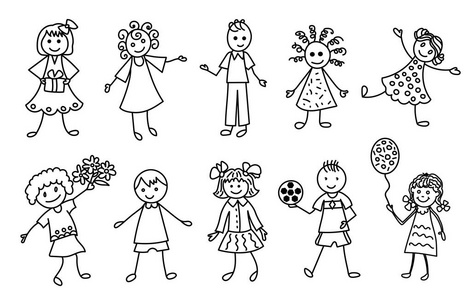 儿童涂鸦黑色轮廓手绘集。快乐的孩子涂鸦卡通图标设置