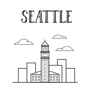 西雅图城景街站大楼线艺术插画