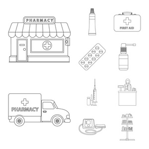 药学与医院图标的矢量设计。网上药房和商业股票符号集