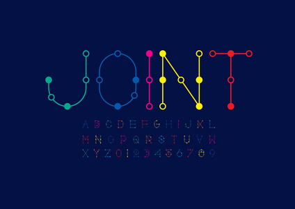 联合字体和字母表模板。色彩化现代字体的彩色矢量图解