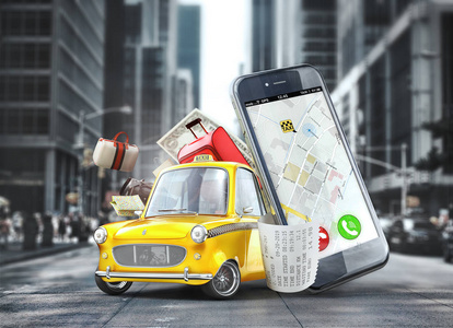 出租车概念。黄色复古的士车附近的电话与旅游袋的城市背景。3d 插图