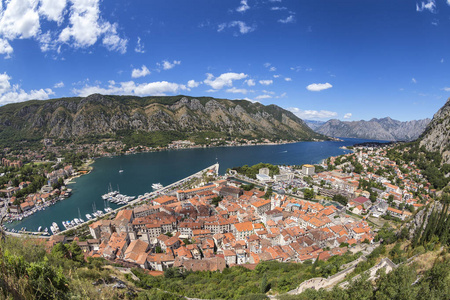 Kotor 的著名城墙城与黑山的山脉和海湾