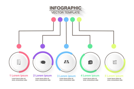 时间线图表设计矢量和营销图标可用于工作流布局, 图表, 年度报告, 网页设计。具有5个选项步骤或过程的业务概念