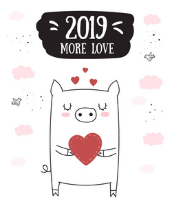 创意明信片新的2019年与可爱的猪。农历年的象征。矢量插画动画片隔离。黄猪年