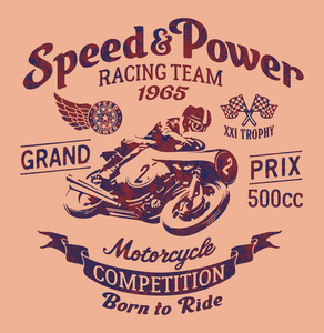 速度动力摩托车赛车队, 矢量复古艺术品为男童 t恤衫在单独的层效果