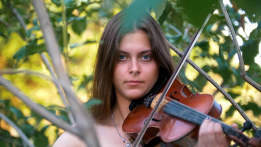 年轻女孩演奏古典小提琴在自然