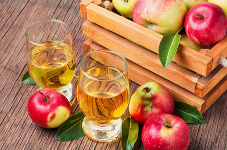 苹果酒与新鲜的苹果在乡村背景。提神苹果酒