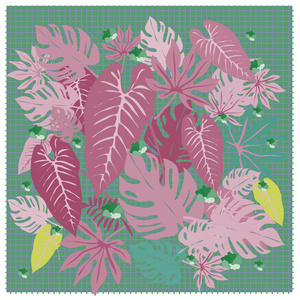 矢量图形热带叶鲜明的图案, 在流行艺术风格中具有鲜明的质感, 现代夏季背景全面印刷。分裂的叶子, 蔓, 龟背竹叶子