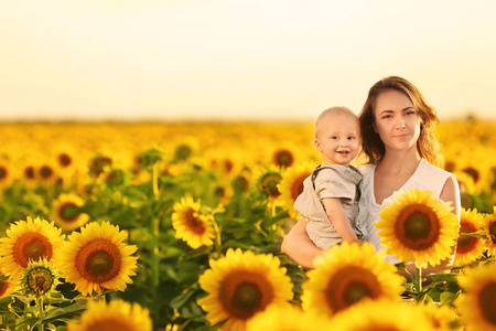 美丽的女人与她的小儿子在向日葵领域在阳光明媚的一天