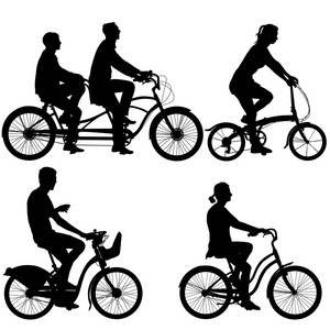 设置一个骑自行车的剪影，男性和女性。它制作图案矢量