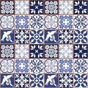 蓝色葡萄牙瓷砖图案阿苏莱霍斯矢量, 时尚室内设计瓷砖