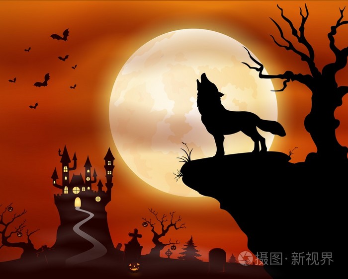 万圣节夜背景与狼嚎叫, 城堡和满月