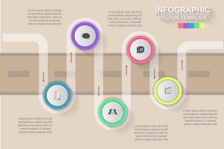 时间线图表设计矢量和营销图标可用于工作流布局, 图表, 年度报告, 网页设计。具有5个选项步骤或过程的业务概念