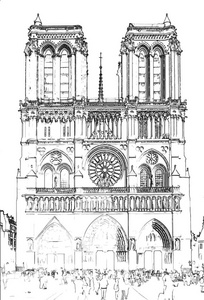 矢量插图, 在素描风格, 圣母玛利亚巴黎巴黎, 法国