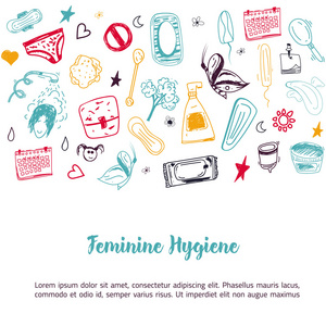 素描女性卫生横幅设计与卫生棉丝月经杯
