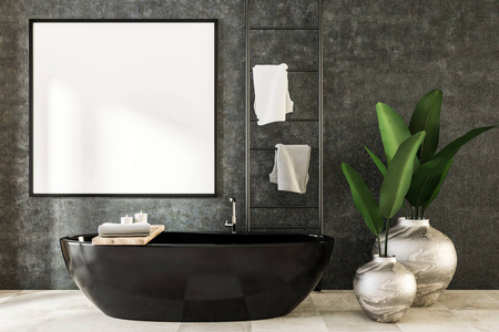 方形的样板挂在豪华浴室的混凝土墙上的旗帜框架。黑色浴缸, 花瓶和毛巾架。侧面视图。营销和广告理念。3d 渲染