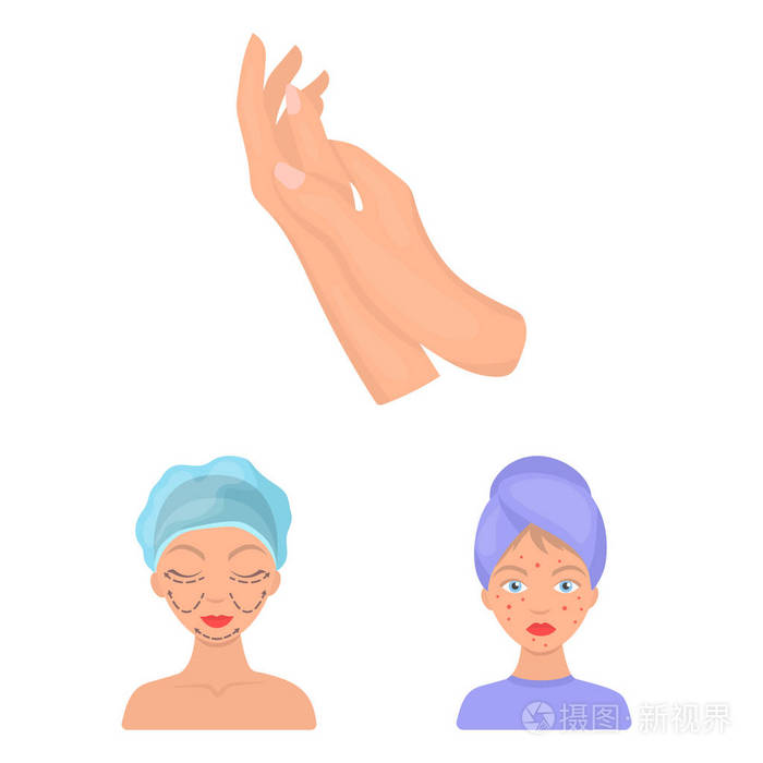 皮肤护理卡通图标集合中的设计.脸部和身体矢量符号股票网页插图