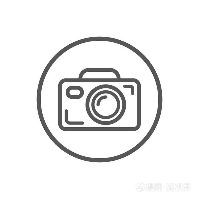 圆形框架中相机的黑白简单矢量线艺术图标