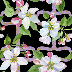 水彩苹果花。花卉植物花。无缝的背景图案。织物墙纸打印纹理。背景质地包装图案框架或边框的水彩画野花
